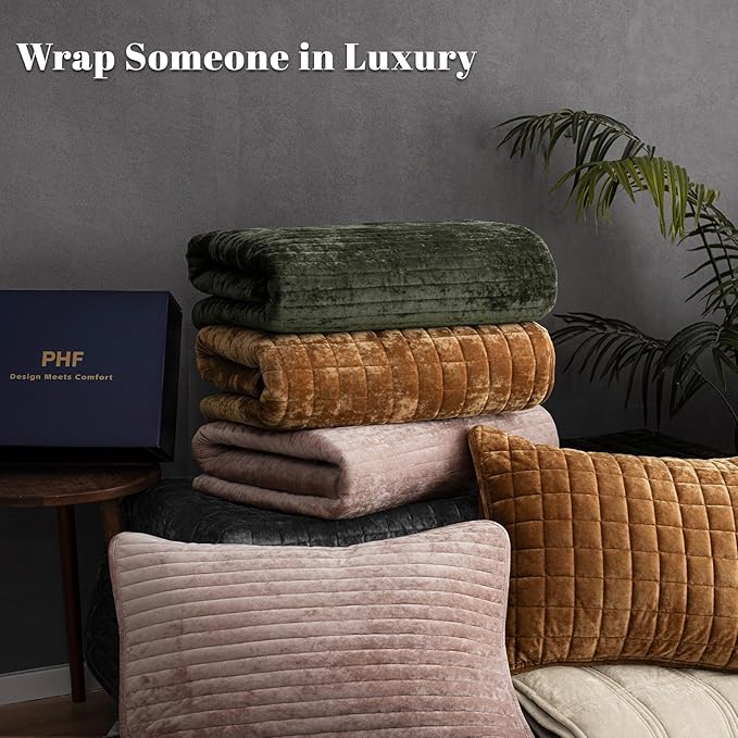 PHF Luxurious Velvet Quilt Set King Size – 3PCS Super Soft Quilted Comforter Alternative with Square-Box Quilt Pattern, Warm Quilted Bedspread Coverlet, 108" x 92", Oxford Tan