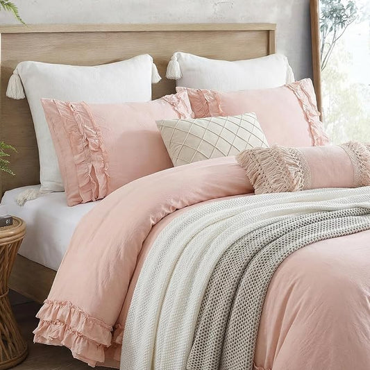 Pink Ruffled Duvet Cover Girls Coquette Bedding Set Cute Lace Fringe Ruffle Bedding Shabby Chic Farmhouse Style Super Soft Cozy Elegant Cover Cover Set Queen Size