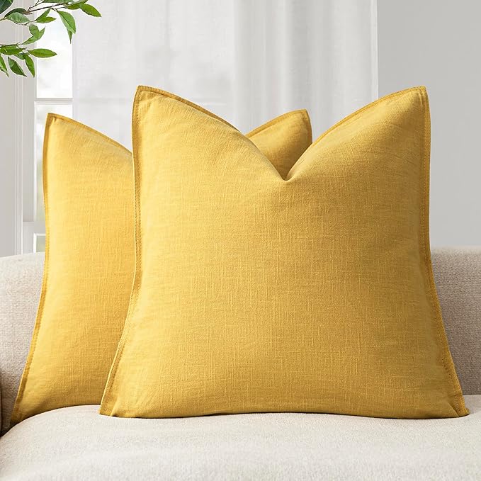Foindtower Pack of 2, Decorative Linen Soild Throw Pillow Covers Soft Accent Euro Cushion Case Boho Farmhouse Pillowcase for Chair Couch Sofa Bedroom Living Room Home Decor 18 x 18 Inch Ginger Yellow