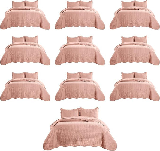 IR Imperial Rooms Queen Quilt Bedding Set (90" x 96") - Bulk Pack of 10 Wholesale for Hotels Guest Bedroom & Airbnbs - Lightweight Microfiber Reversible Embossed Quilts Bedspreads (Peach/Baby Pink)
