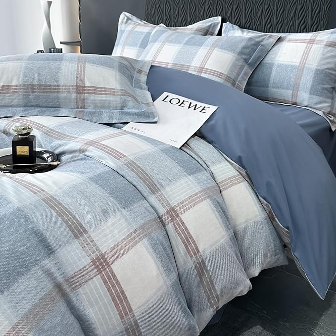 LifeTB Blue White Plaid Duvet Cover Twin Size Modern Soft Cotton Brushed Comforter Cover Farmhouse Buffalo Grid Duvet Cover with 2 Pillowcases