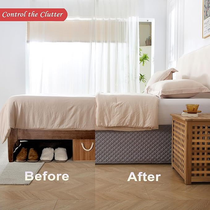 Full Size Gray Bed Skirt with 14-Inch Drop, Easy Fit Wrap-Around Cover for Bed, Wrinkle-Free and Fade-Resistant Box Spring Cover. (Gray Grid, Full)