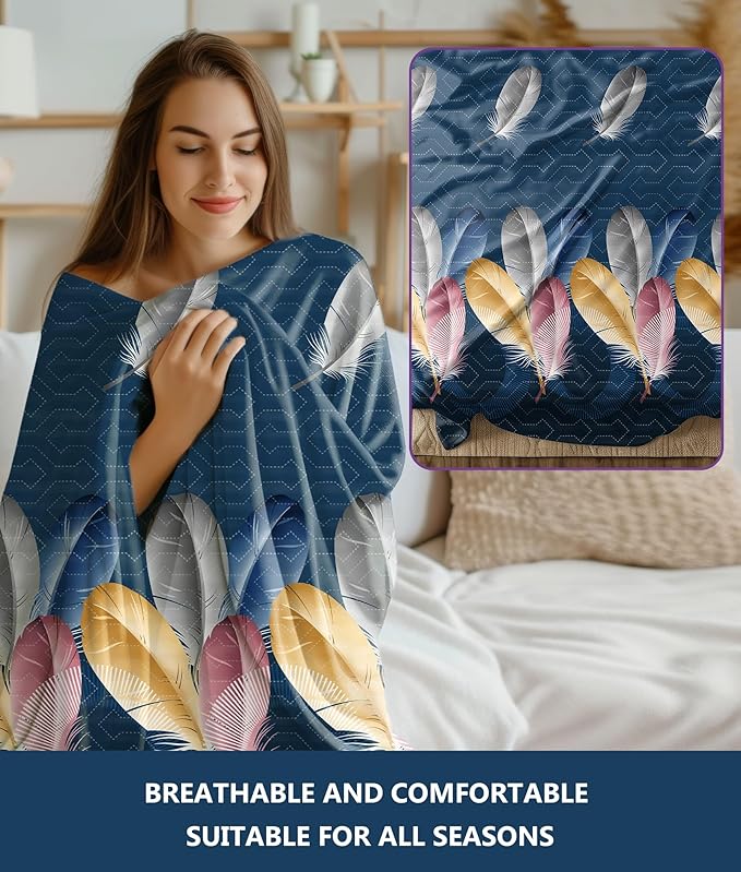 Bedspreads and Matching Curtains, 1 Bedspread 2 Pillowcases 2 Print 4 Solid Curtains, Blue Feather Microfiber California King Bed in a Bag Set, Easy Care for Vacation Home