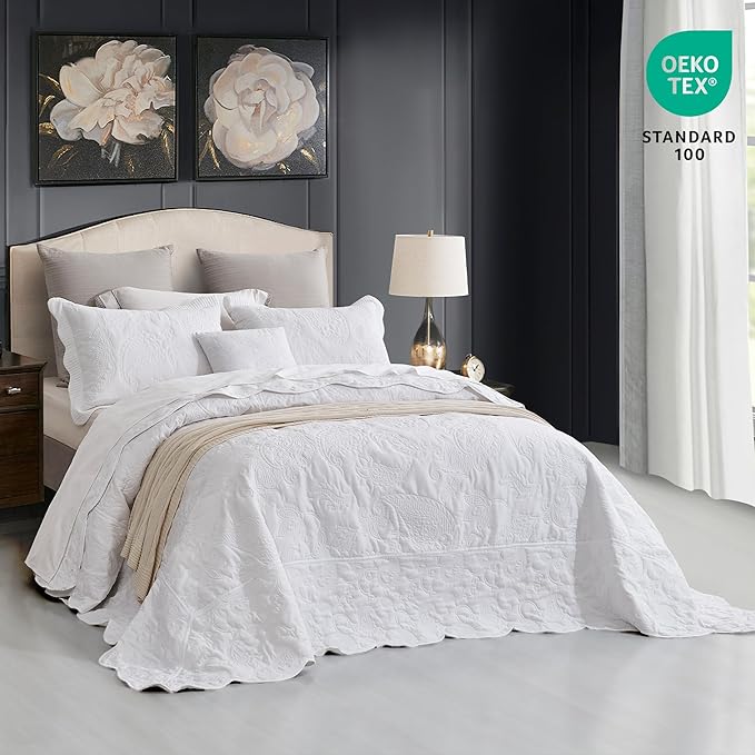 HZ & HY Oversized King Bedspread, Quilted Coverlet Bedding Set, Lightweight Thin Comforter, Reversible, Luxurious, 5 Piece, 100% Microfiber, Pure White