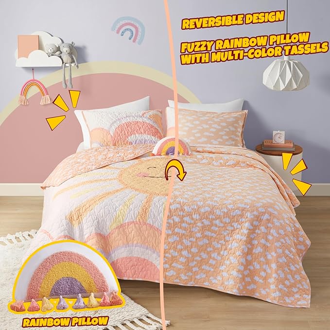Intelligent Design Kids Twin Quilt Bedding Set, Cotton Coverlet Sun Girls Bedding Set Rainbow & Clouds Reversible Dawn Light & Breathable Sham Throw Pillow Twin Yellow/Coral 3 Piece