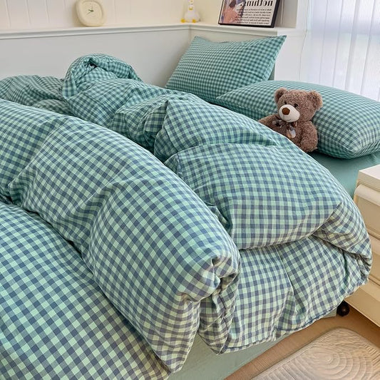 LifeTB Queen Comforter Set Green Gingham Bedding Comforter Modern Style Checkered Pattern Comforter Set Green Blue Grid Plaid Bedding Comforter Lightweight Fluffy Soft Gingham Grid Bedding Set