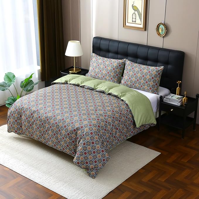 ABREEZE Bohemia Retro Bedding Ethnic Vintage Floral Duvet Cover Boho Bedding 100% Brushed Cotton Bedding Sets Damask Paisley Coloful Mandala Down Comforter Cover 3-Piece,Full