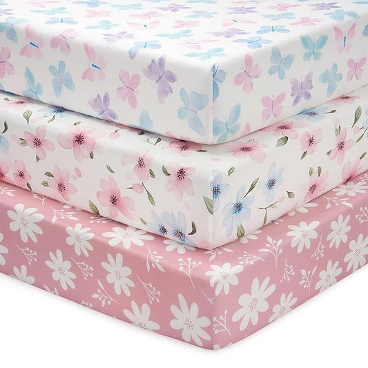 Baby Mini Crib Sheets Girl, Portable 38”x26” Pack and Play Sheets Fitted for Playard and Pack N Play Mattress, 3-Pack Soft Microfiber Pink Butterfly Flower