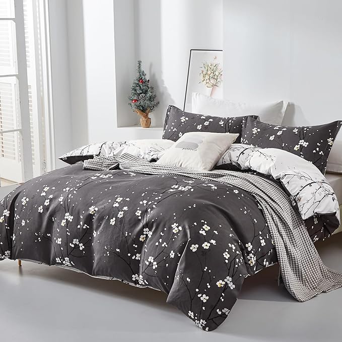 WONGS BEDDING Floral Duvet Cover Set Queen, Dark Grey 3 Pieces Flower Plum Blossom Printed Bedding Set with 2 Pillowcases,Branch Duvet Cover Set Queen Size 90"X90"(Not Comforter)