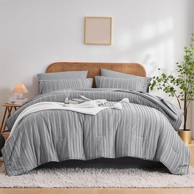 WURUIBO Comforter Set Size, Grey Comforter Set Queen Size, 7 Pieces Bed in a Bag, Ultra Soft Queen Bedding Set, Bed Set for All Seasons, Flat Sheet, Fitted Sheet, Pillowcases, Pillow Shams
