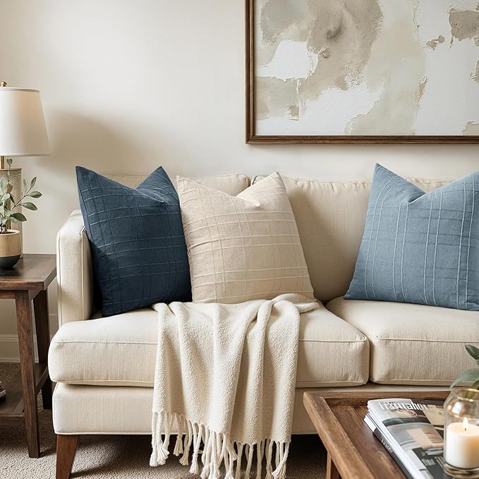 MIULEE Decorative Linen Check Throw Pillow Covers Neutral Farmhouse Vintage Pillow Covers 20x20 Set of 2 Boho Modern Home Decor for Sofa Couch Bedroom Cushion Deep Blue