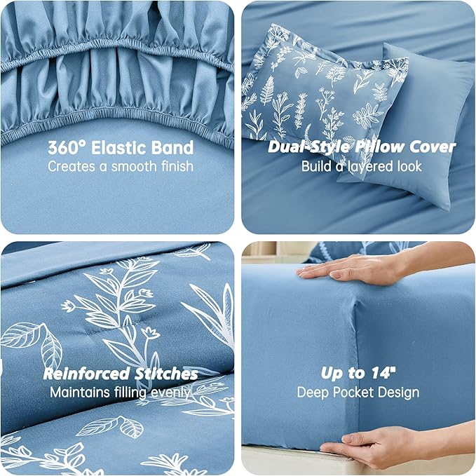 MUXHOMO Ice Blue Bed in a Bag King 7 Pieces, King Comforter Set Reversible Botanical Flowers Design, Ultra Soft & Breathable Bedding Sets with Comforter, Sheets, Pillowcases & Shams