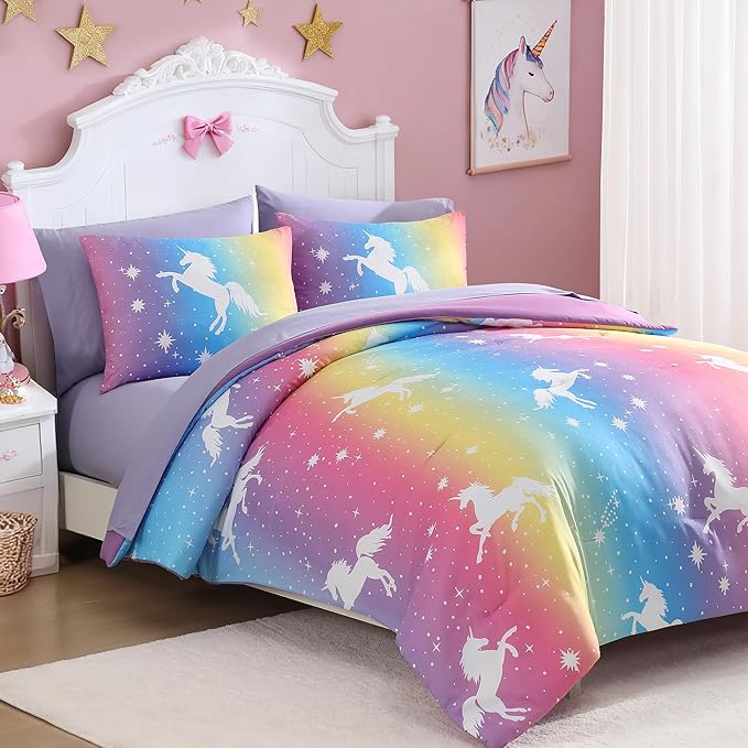 Twin Comforter Set for Girls, Kids - 5 Pieces Rainbow Unicorn Patterns Twin Bedding Sets for Girls Teen, Soft Cozy Bed in A Bag with Sheets