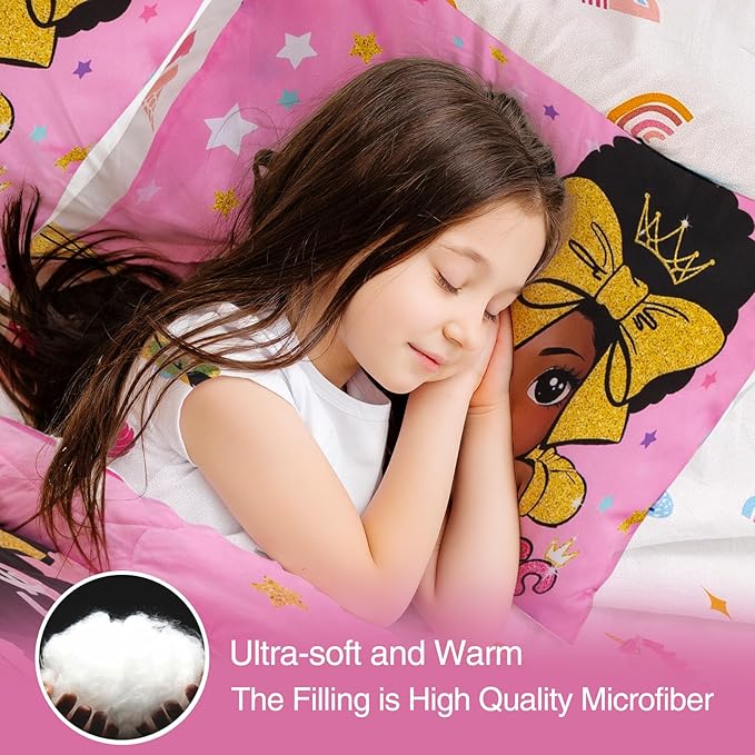 A Nice Night Black Girl Little Princess Comforter Set, Pink 6Pcs Bed in A Bag Queen Size Sparkling Stars Bedding Set,for Kids, Girls