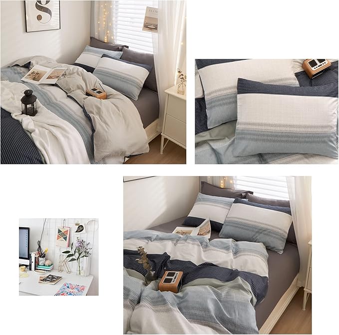 LifeTB 100% Cotton Boy Stripe Duvet Cover Twin White Blue Gray Stripe Comforter Cover Modern Soft Geometric Stripe Bedding Set Simple Style Men Adults Duvet Quilt Cover with 2 Pillowcases