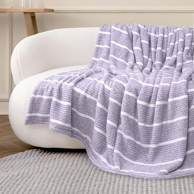 DEZ FURNISHINGS Oversized Cozy Knit Look Cloud-Soft Plush Printed Fleece Throw Blanket, Lightweight & Breathable, Queen (90" x 90"), Gray Purple Stripe