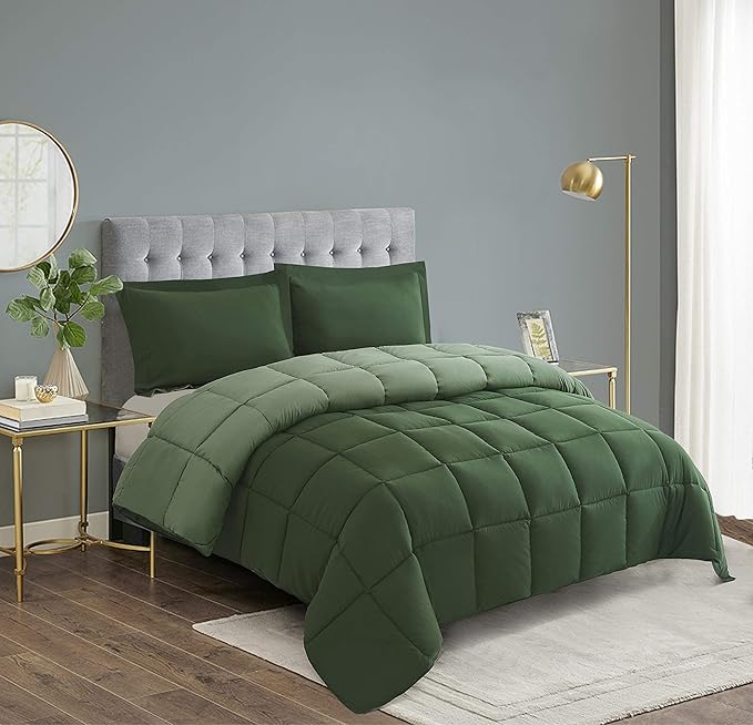 HIG 3pc Green Queen Size Comforter Set - All Season Reversible Down Alternative Bedding Comforter Set - Quilted Duvet Insert with Corner Tabs - Box Stitched Blanket - Breathable, Soft, Fluffy