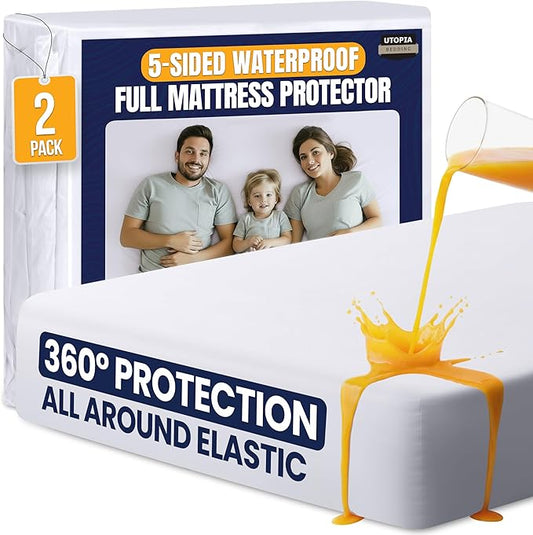 Utopia Bedding Waterproof 5-Sided Mattress Protector Full Size, Premium Breathable Mattress Cover, Fitted Style with Stretchable Pockets (White - Pack of 2)