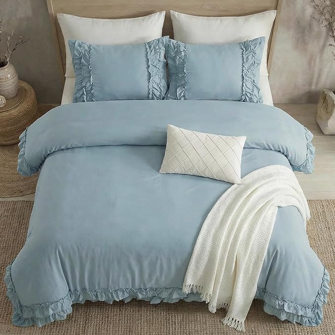 Grayish Blue Duvet Cover King Vintage Ruffled Bedding Shabby Chic Boho Bedroom Decor Super Soft All Season Ruffle Duvet Cover Set
