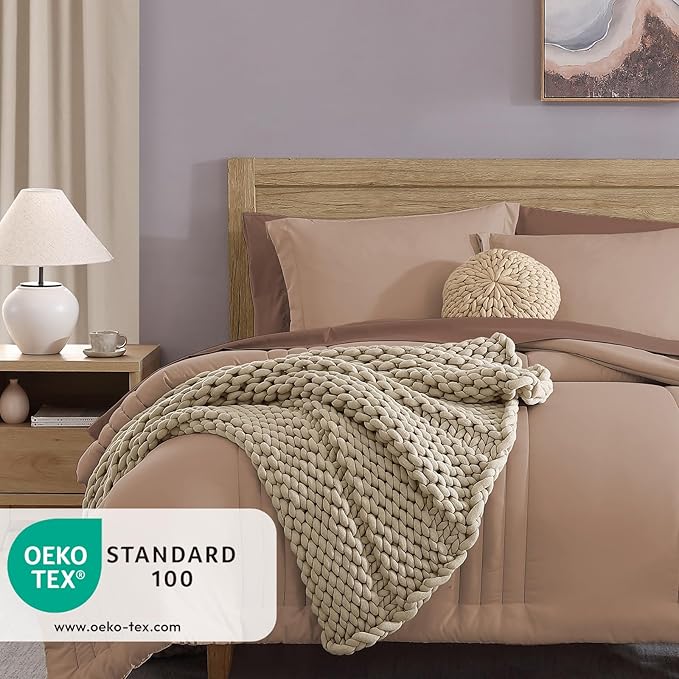 Monbix Full Comforter Set - 7 Pieces Rust Pink Bed in a Bag Full Size Bedding Sets with Comforters, All Seasons Comforter with Sheets, Pillowcases & Shams