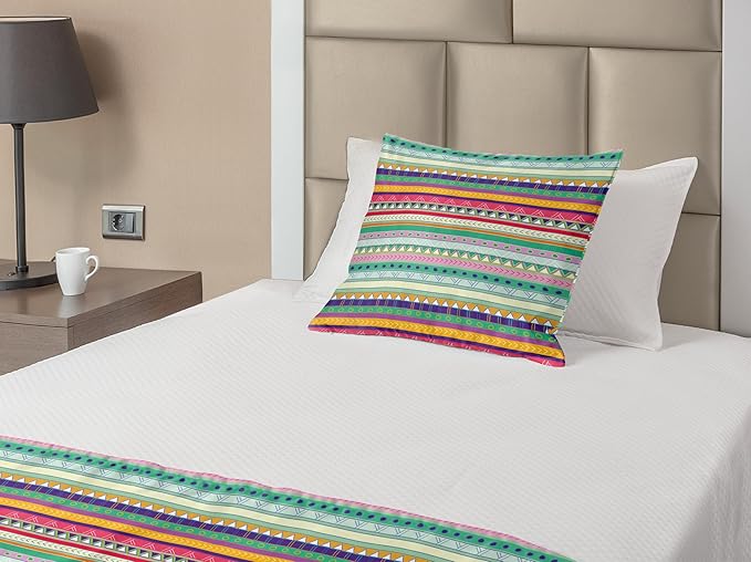 Lunarable Ethnic Bed Runner Set, Doodle Style Colorful Stripes with Circles Triangles and Arrow Timeless Art, Decorative Bedding Scarf and a Pillow Sham for Hotels Homes, Twin, Teal Magenta