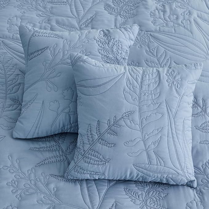 Botanical Oversized Bedspread King Size - Leaves Pattern Stitching Quilt Set - Elegant & Fresh Style Bedding Coverlets, Reversible, Lightweight, 5 Piece, Ashley Blue