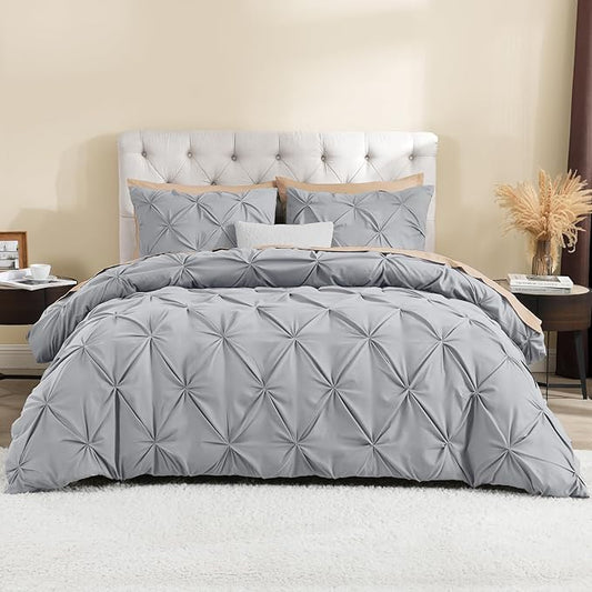 Litanika Silver Grey King Pinch Pleat Duvet Cover, 3 Pieces Pintuck Cover Soft Microfiber Bedding Set with Zipper Closure & Corner Ties(104x90Inch-1 Duvet Cover, 2 Pillowcases)