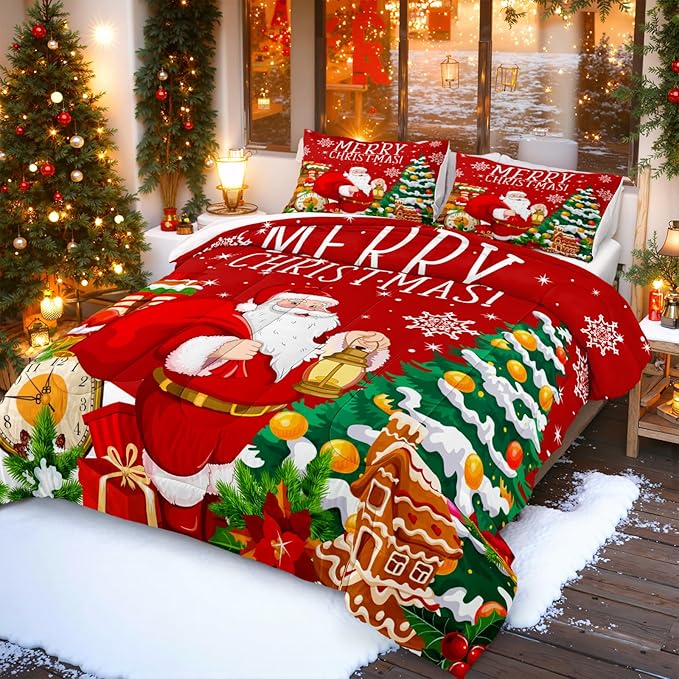 Red Christmas Comforter Set Santa Claus Bedding Set King Size Christmas Tree Decor Happy New Year Festival Theme Bedding Quilt Boys Girls Xmas Gifts Soft Lightweight Quilted Comforter 4 Pcs
