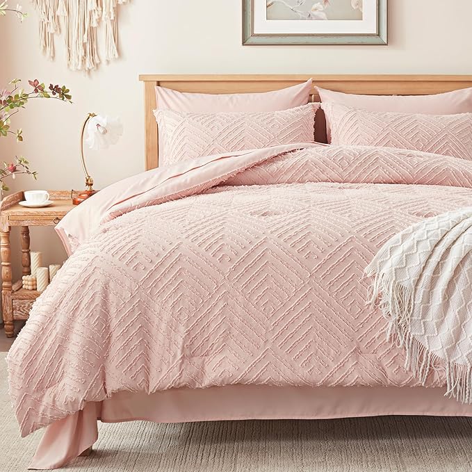 Zzlpp Queen Comforter Set 7 Pieces, Pink Tufted Bed in a Bag with Comforter and Sheets, All Season Boho Bedding Sets with 1 Comforter, 2 Pillow Shams, 2 Pillowcases, 1 Flat Sheet, 1 Fitted Sheet