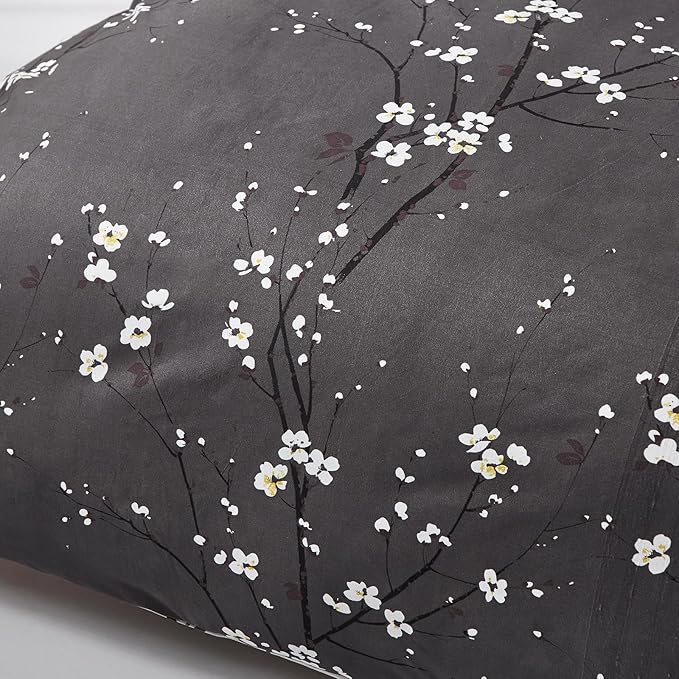 WONGS BEDDING Floral Duvet Cover Set Queen, Dark Grey 3 Pieces Flower Plum Blossom Printed Bedding Set with 2 Pillowcases,Branch Duvet Cover Set Queen Size 90"X90"(Not Comforter)