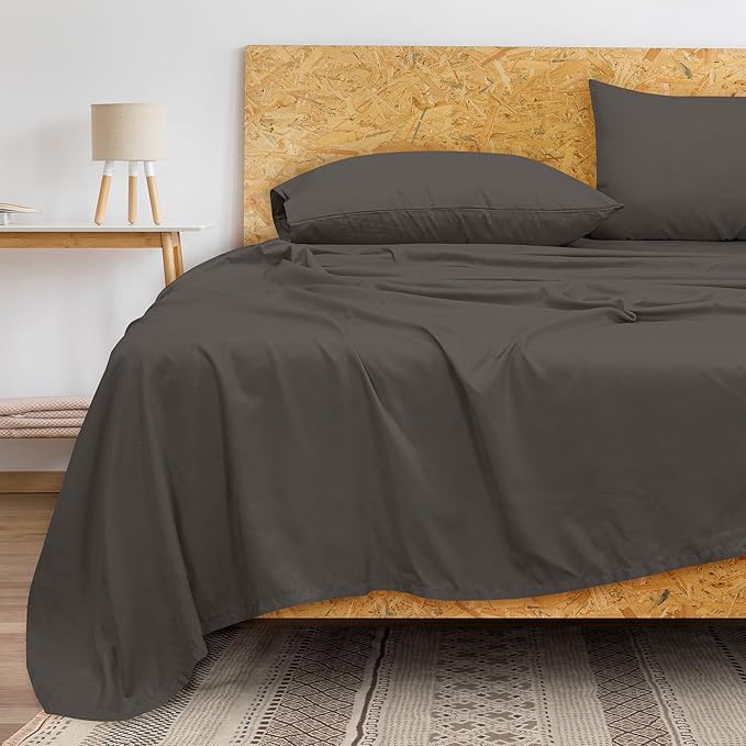 Royale Linens 300 Thread Count 100% Long Staple Combed Cotton Flat Sheet - Super Soft - Top Sheets - Twin Flat Sheet Sold Separately - Breathable, Cool & Crisp Percale Sheets Only (Twin, Grey)