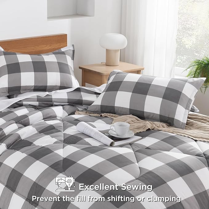 Andency Plaid Comforter Queen(90x90Inch), Gray White Checkered Gingham Buffalo Bed Set for Boys Teens, Lightweight Bedding, 3 Pieces(1 Comforter & 2 Pillowcases)