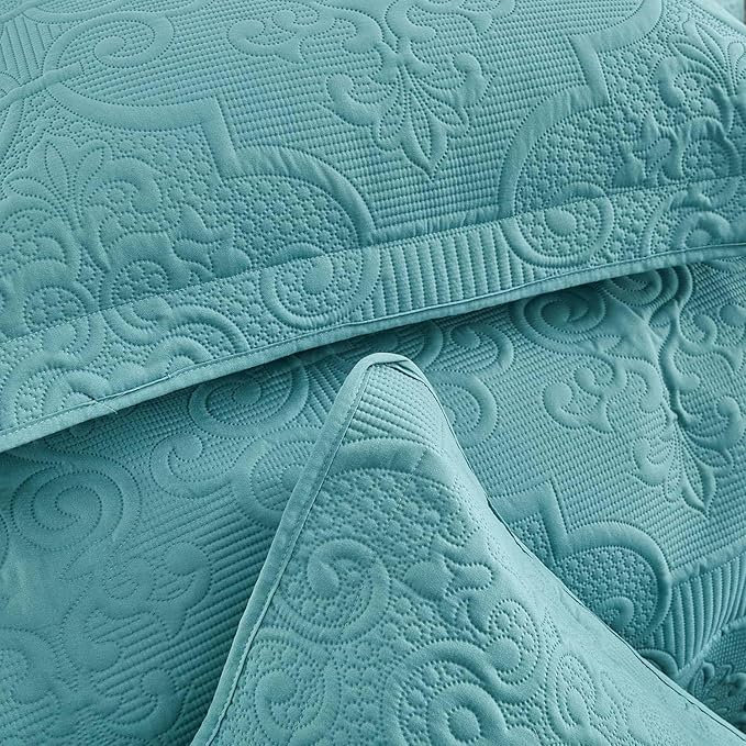 CHIXIN Quilt Twin Size - Damask Paisley Bedspread Coverlet Set - Classic & Gorgeous Style Bedding Cover, Ultrasonic Quilting, Reversible, Lightweight, 4 Piece, Lagoon