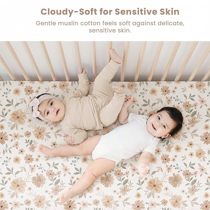 Konssy Muslin Crib Sheets 2 PCS 100% Cotton Baby Crib Sheets for Standard Crib Mattress (28" x 52"), Soft and Breathable for Boys, Girls (Toffee, Flourish)