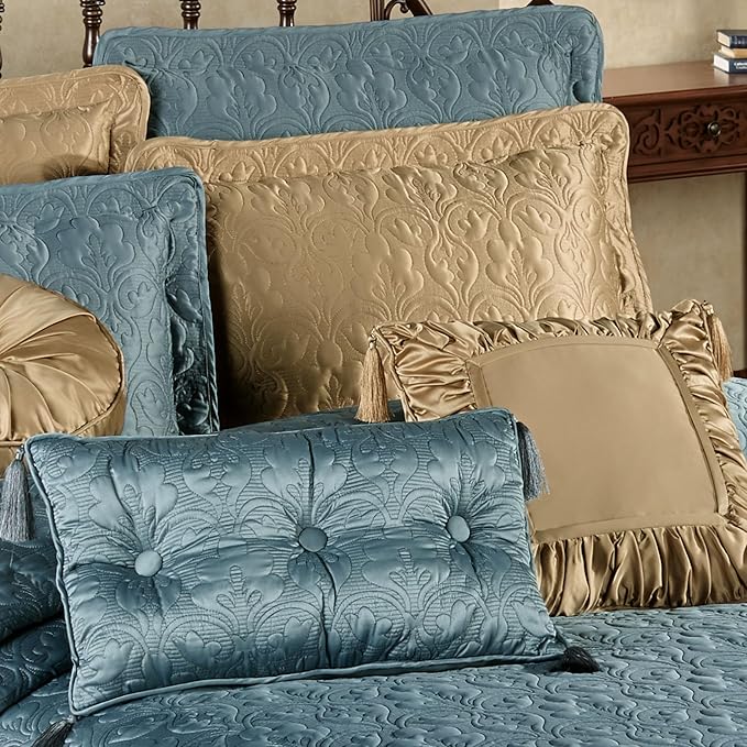 Cambridge Classic Luxury Bedding | Blue Shadow Solid Color Polyester Satin | Elaborate Damask Quilting | 6 Pc Bed Set Includes Oversized Full Bedspread, 2 Standard Shams, and 3 Decorative Pillows