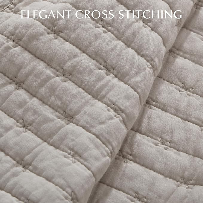 EVERGRACE Cross Stitch Pre-Washed Cotton Quilt Bedding Set Queen Size, Oversized 3 Pieces Lightweight Bedspread Coverlet for All Season, with 2 Matching Shams, Taupe, 92"x96"