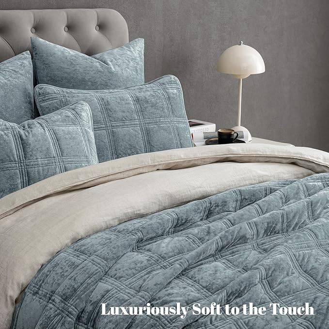 PHF Ultra Soft Velvet Quilt Set Queen Size – 3PCS Luxurious Cozy Quilted Comforter Alternative with Diamond Pattern, Warm Quilted Bedspread Coverlet, 90" x 92", Dusty Blue