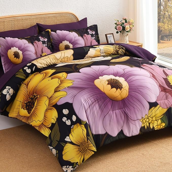 Xruibed Dark Purple Floral Comforter Set King Size 7 Pieces Bed in a Bag Flower Bedding Sets Lightweight Boho Bed Set with Sheet,Pillowcases&Shams for All Season