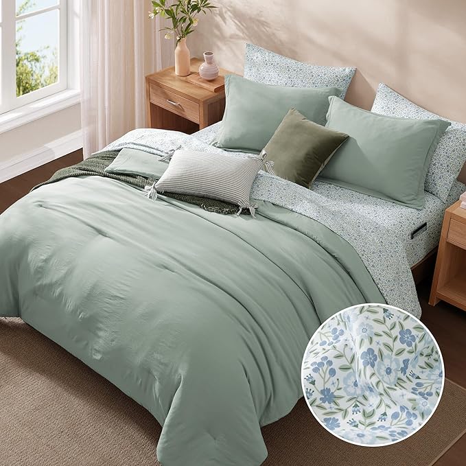 Monbix King Size Comforter Set - 7 Pieces Sage Green Prewashed Bed in a Bag King Bedding Sets with Comforters, All Seasons Ultra Soft Comforter Bed Set with Sheets,Pillowcases & Shams