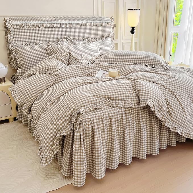 mixinni Tan Gingham Ruffle Duvet Cover Full Size 3 Pieces – 100% Washed Cotton, Vintage Plaid Ruffled Bedding Set with Zipper Ties, Soft Cream Checkered Grid Farmhouse Chic Comforter Cover Set