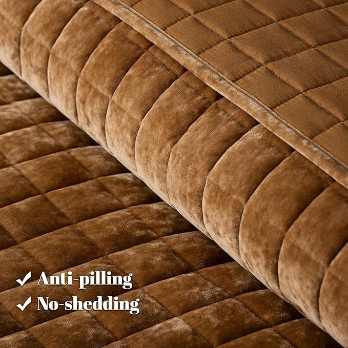 PHF Luxurious Velvet Quilt Set King Size – 3PCS Super Soft Quilted Comforter Alternative with Square-Box Quilt Pattern, Warm Quilted Bedspread Coverlet, 108" x 92", Rusty Burnt Orange