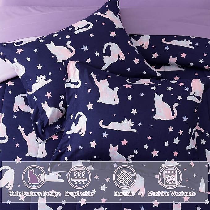 Twin Comforter Set for Girls-3 Pieces Cute Cat Twin Bedding Sets for Kids,1 Comforter,1 Sham and 1 Decor Pillow