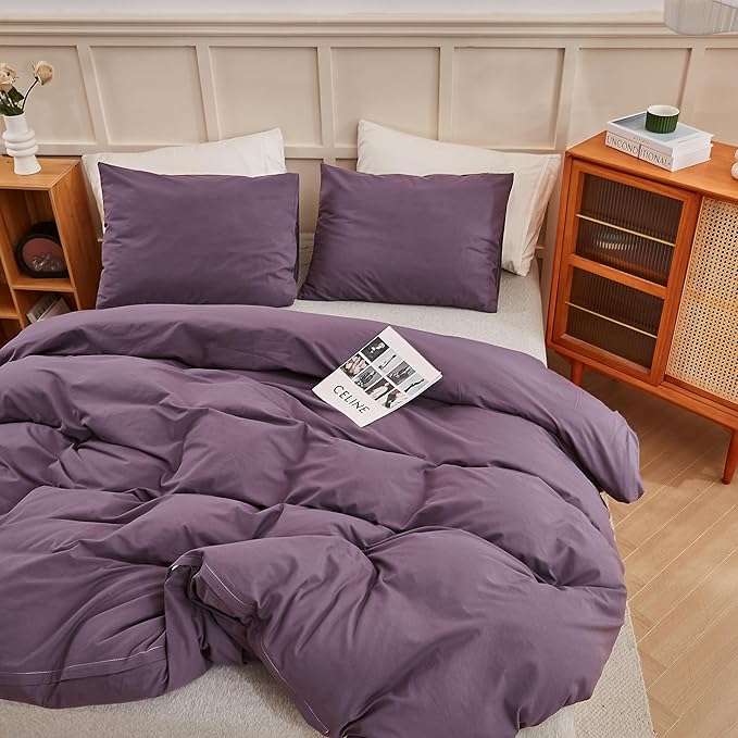 ECOCOTT Purple Duvet Cover Full Size - 100% Washed Cotton Durable Soft Comfy Duvet Cover Set, 3 Pieces Duvet Cover with Zipper Closure (Purple, 80''x90'')
