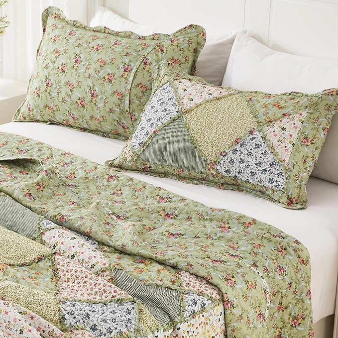 VIVILINEN Full Queen Size Green Patchwork Quilt Set Reversible Quilted Bedspread Coverlet Set 3-Piece Floral Lightweight Comforter Stitched Bedding Set Bed Sheet Set Cover Blanket with 2 Pillow Shams