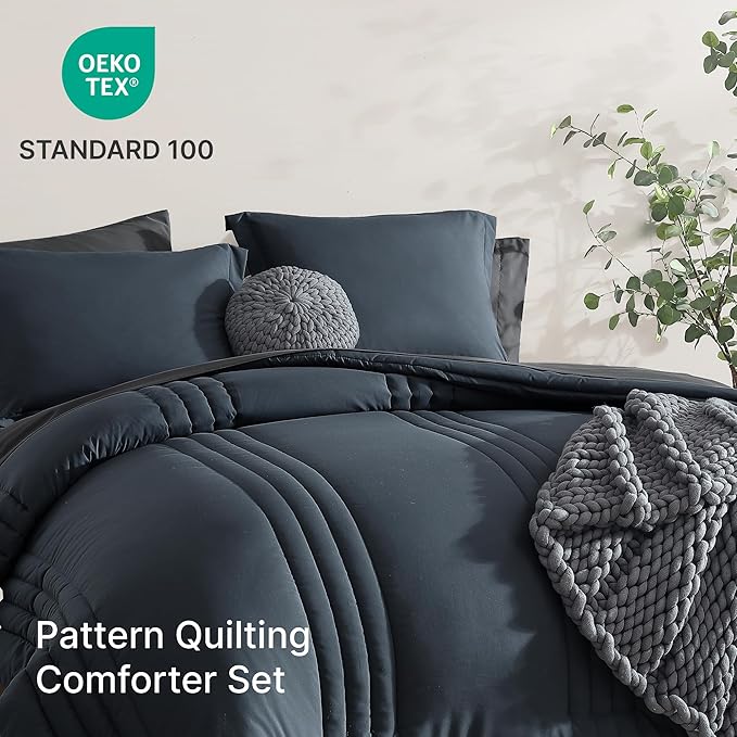 Monbix California King Size Comforter Set - 7 Pieces Bed in a Bag Cal King, Blue Grey Bedding Sets with Comforter, All Seasons Comforter Bed Set with Sheets, Pillowcases & Shams