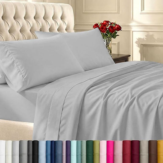 California Design Den Split King Sheets for Adjustable Bed, Natural 100% Cotton Sheets, 400 Thread Count Sateen, Deep Pockets with All Around Elastic for a Snug Fit, Durable Bedding Set - Light Grey