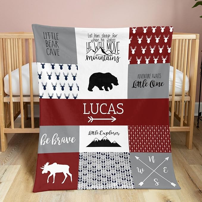 Customzed Baby Blanket for Boys Super Soft Double Layer with Dotted Backing, Monogrammed Receiving Blanket with Cute Woodland Multicolor Printed Blanket Red 40 x 50 Inch