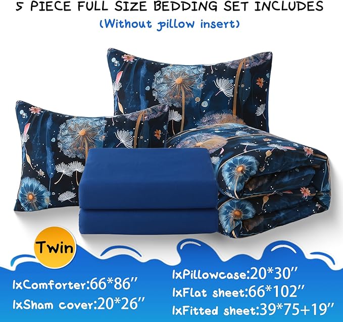 Glow in The Dark Kids Comforter Set, 5 Pieces Blue Dandelion Bedding Set Twin Size for Boys Girls Teen, 1 Comforter, 2 Pillowcases, 2 Pillow Shams, 1 Flat Sheet, 1 Fitted Sheet
