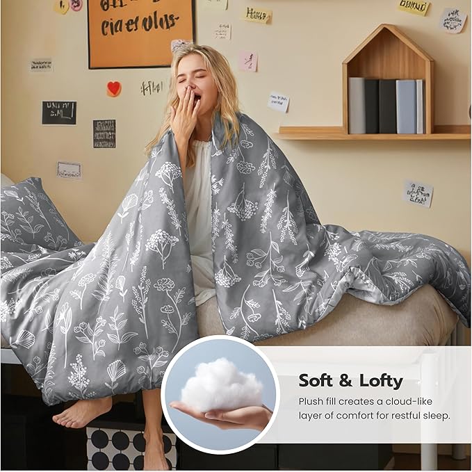 Joiedomi Twin Comforter Set Grey, 2 Pieces Floral Twin Bedding Set with 1 Soft Reversible Botanical Comforter and 1 Pillow Sham, Bed in a Bag for All Seasons