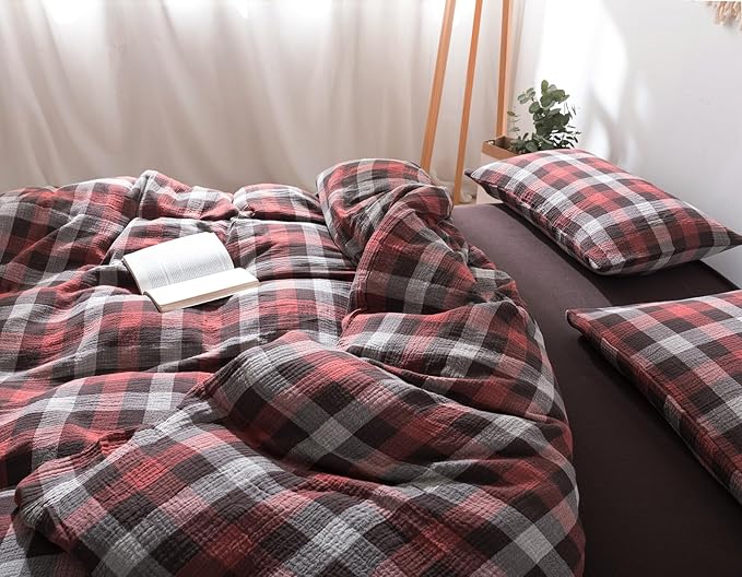 VM VOUGEMARKET Cotton Muslin Duvet Cover Queen Red Plaid Bedding Set Soft Breathable Linen Like Gauze Gingham Comforter Cover with Zipper Closure for Teen Men,90"x90"